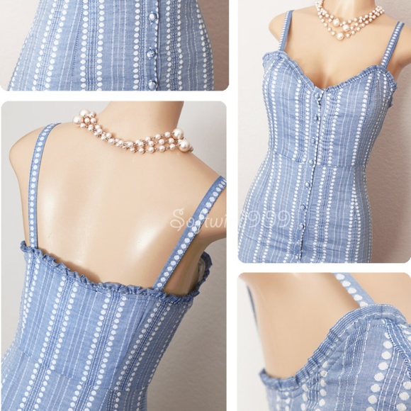 Light Blue Striped Button Cotton Cute Fitted Dress - Picture 3 of 8